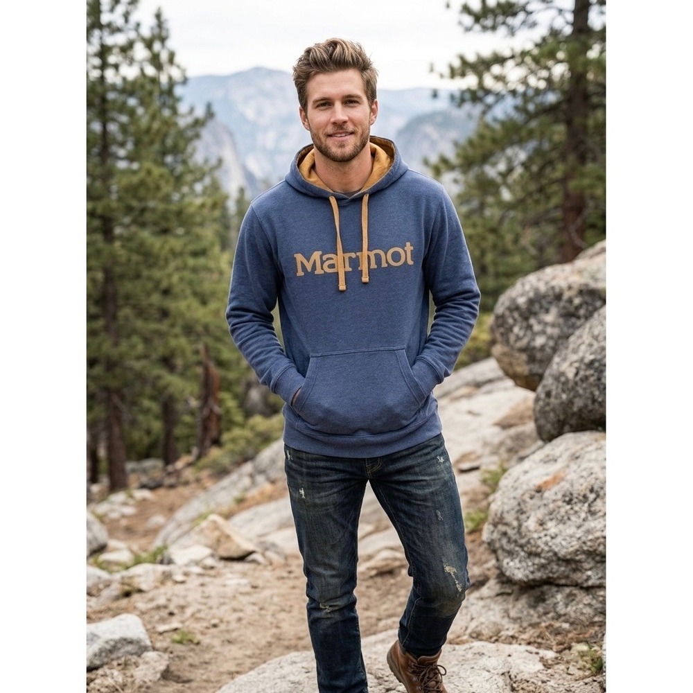 Marmot Mens Pullover Hoodie Blue Heather Tan Logo Fleece Sweatshirt XL 53640